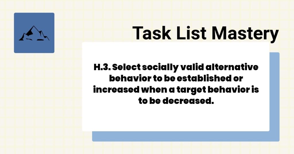 H.3. Select socially valid alternative behavior to be established or increased when a target behavior is to be decreased.-